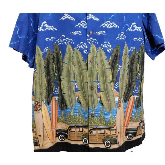 Vintage RJC Hawaiian Shirt XL Blue Surf Woody Car Beach Scene Short Slv Cotton - Picture 3 of 8